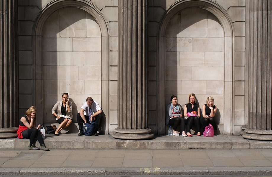 A Publica photograph surveying how people use the existing urban fabric of the Bank area, London. In 2013, Publica was commissioned by the City of London to develop a public realm strategy for Bank's streets and spaces.