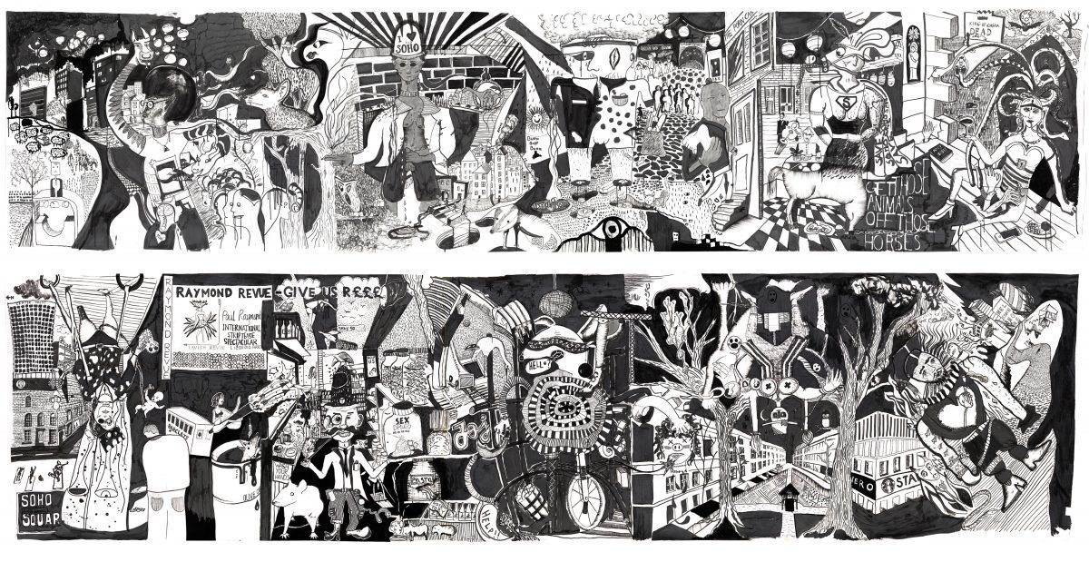 Collaborative drawings of Soho – the first neighbourhood we are looking at – made by over 30 students at the workshop held by art collective Le Gun