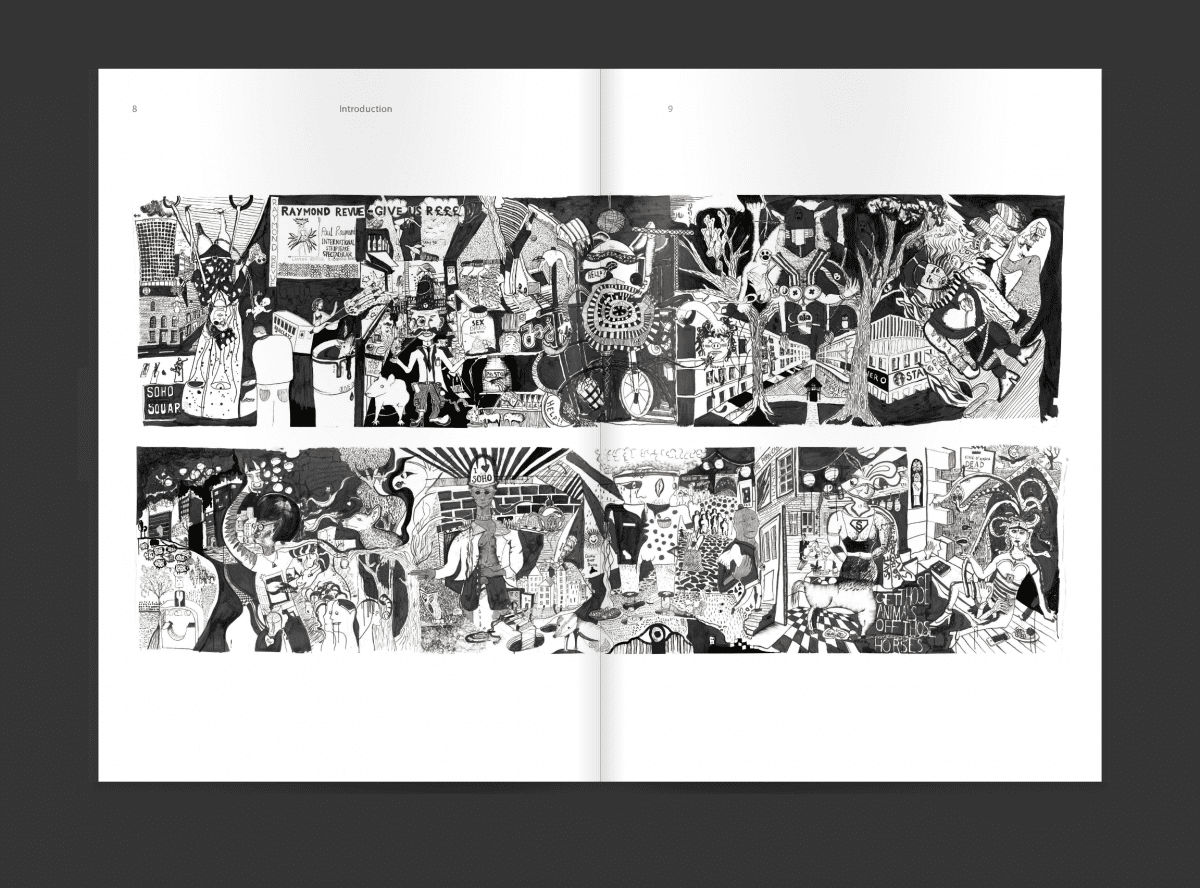 The London School of Architecture Arrives in Soho: spread showing the Le Gun drawings workshop